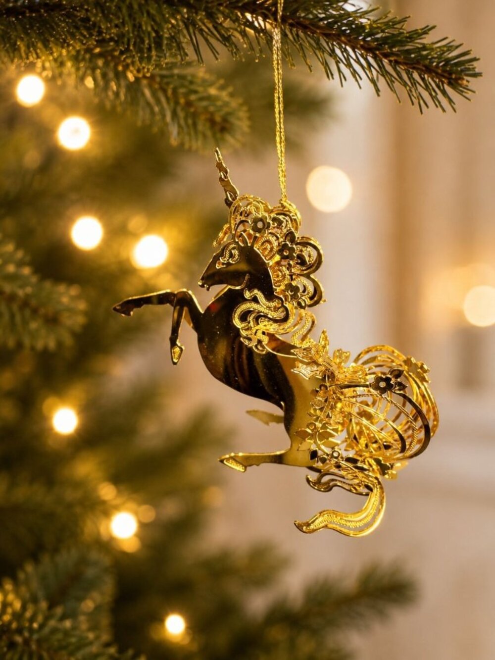 Danbury Mint Gold Tone Unicorn Christmas Ornament Filigree Floral Design